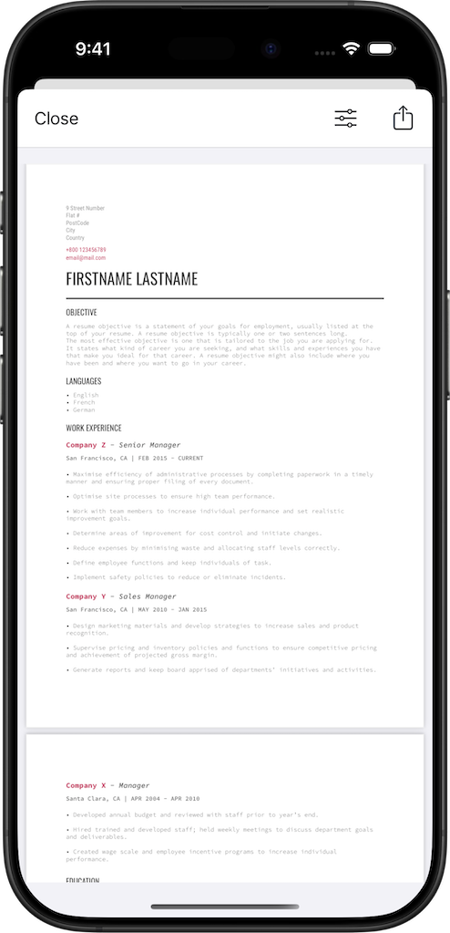 The Professional Resume Builder app on iPhone showing a complete professional resume with name, objective, languages, and work experience sections.