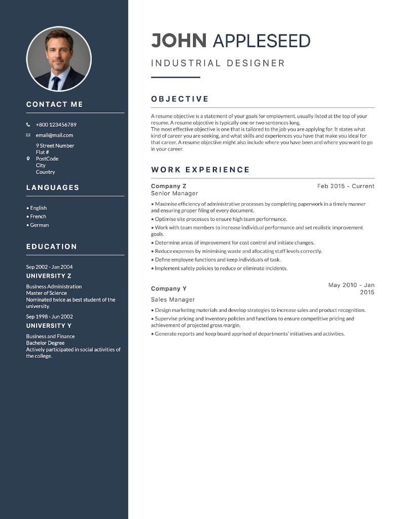 Executive resume template with navy sidebar, profile photo, and a classic two-column layout.