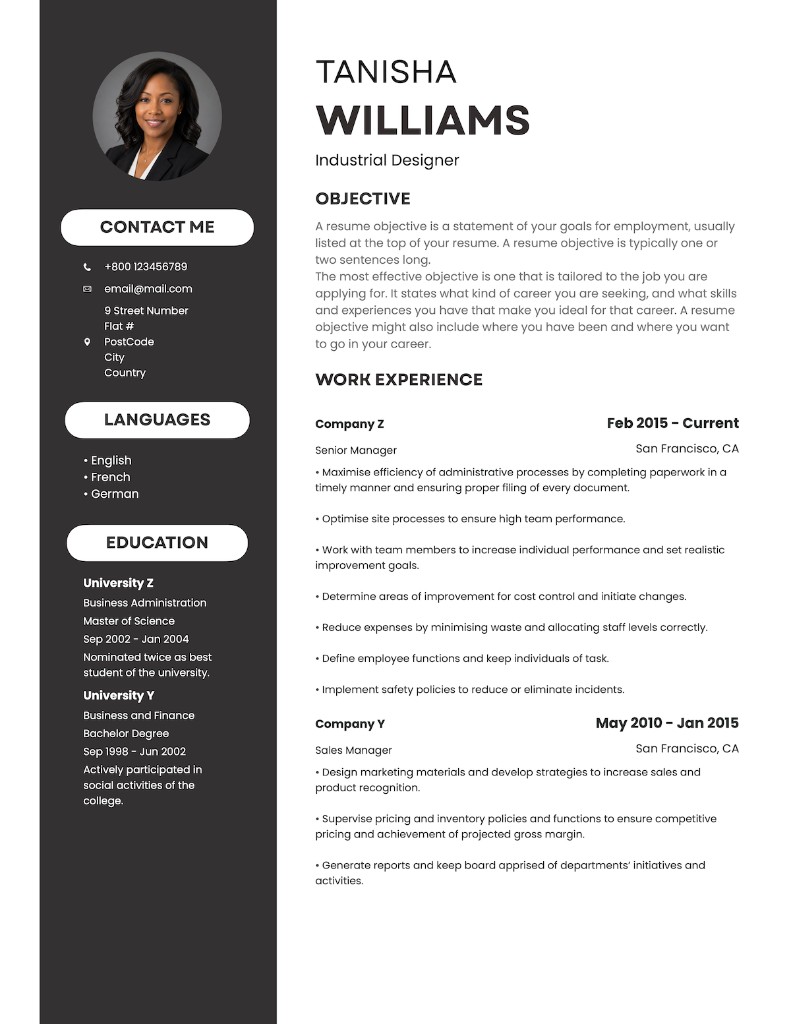 Modern resume template with bold typography, dark sidebar, and rounded section labels.
