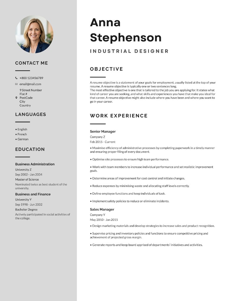 Minimal resume template with a soft grey sidebar, refined typography, and airy spacing.